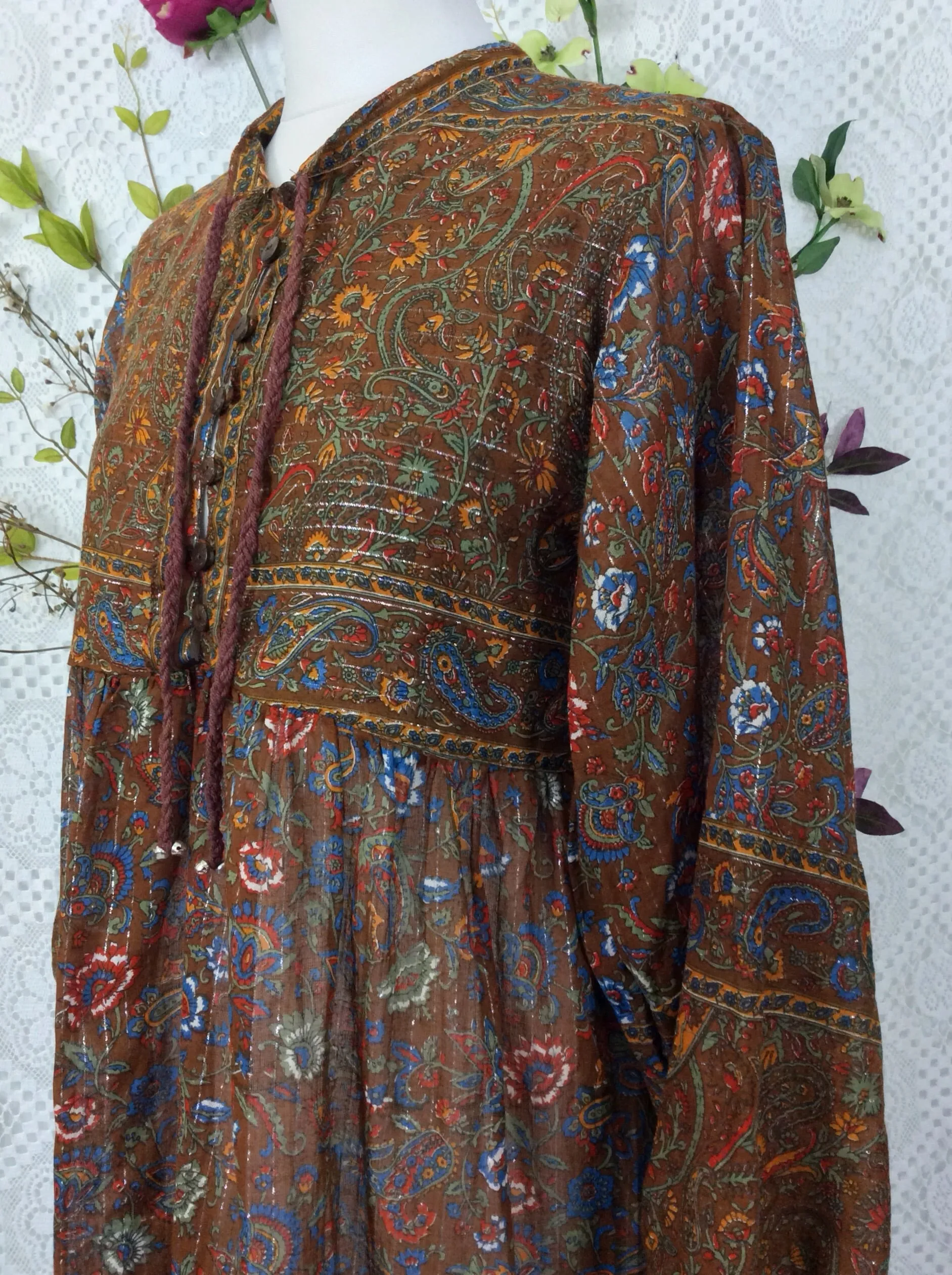 SALE Florence Dress - Sparkly Indian Cotton Smock Dress - Chestnut & Cobalt Floral Paisley - Size XS