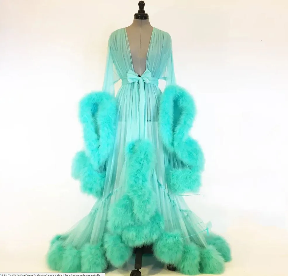 Seductive Faux Fur Pom Pom Sheer Mesh Nightgown Pajama Robe