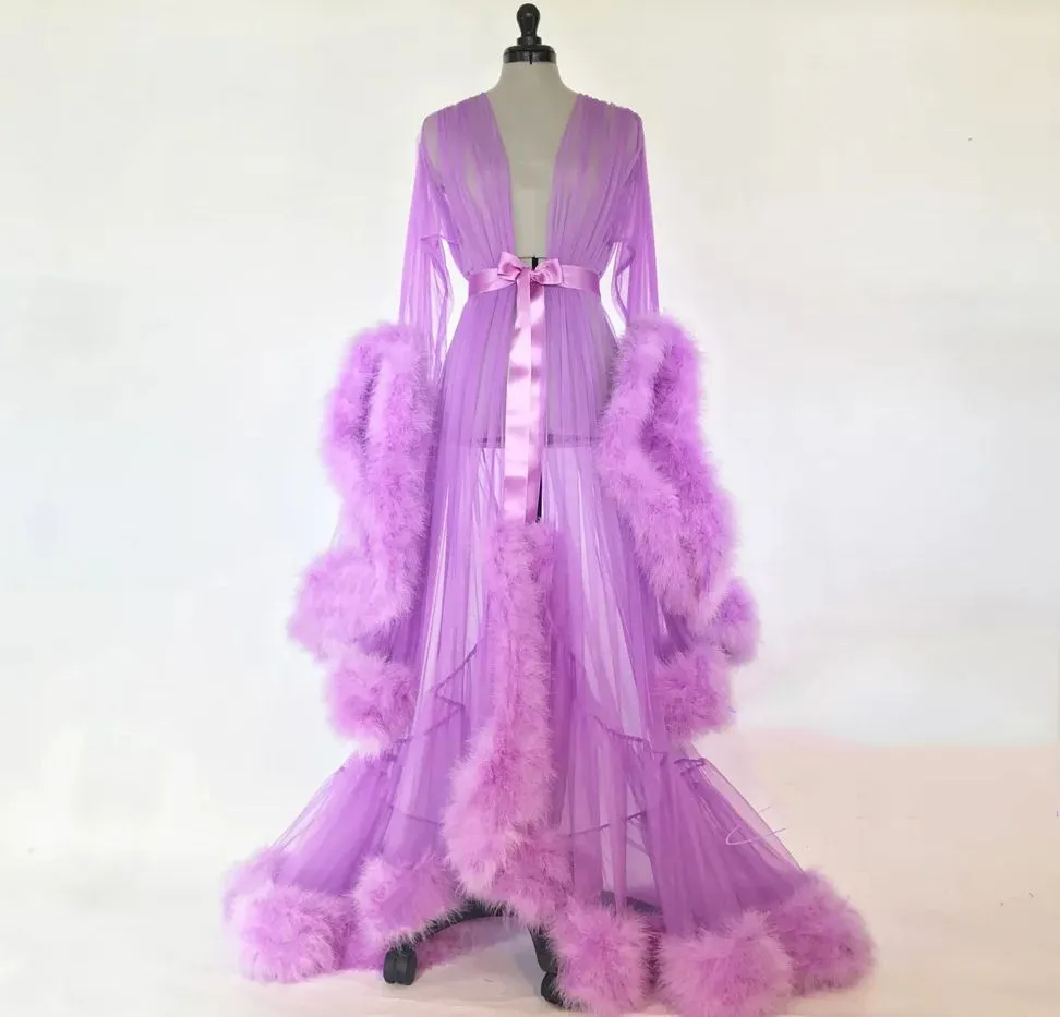 Seductive Faux Fur Pom Pom Sheer Mesh Nightgown Pajama Robe