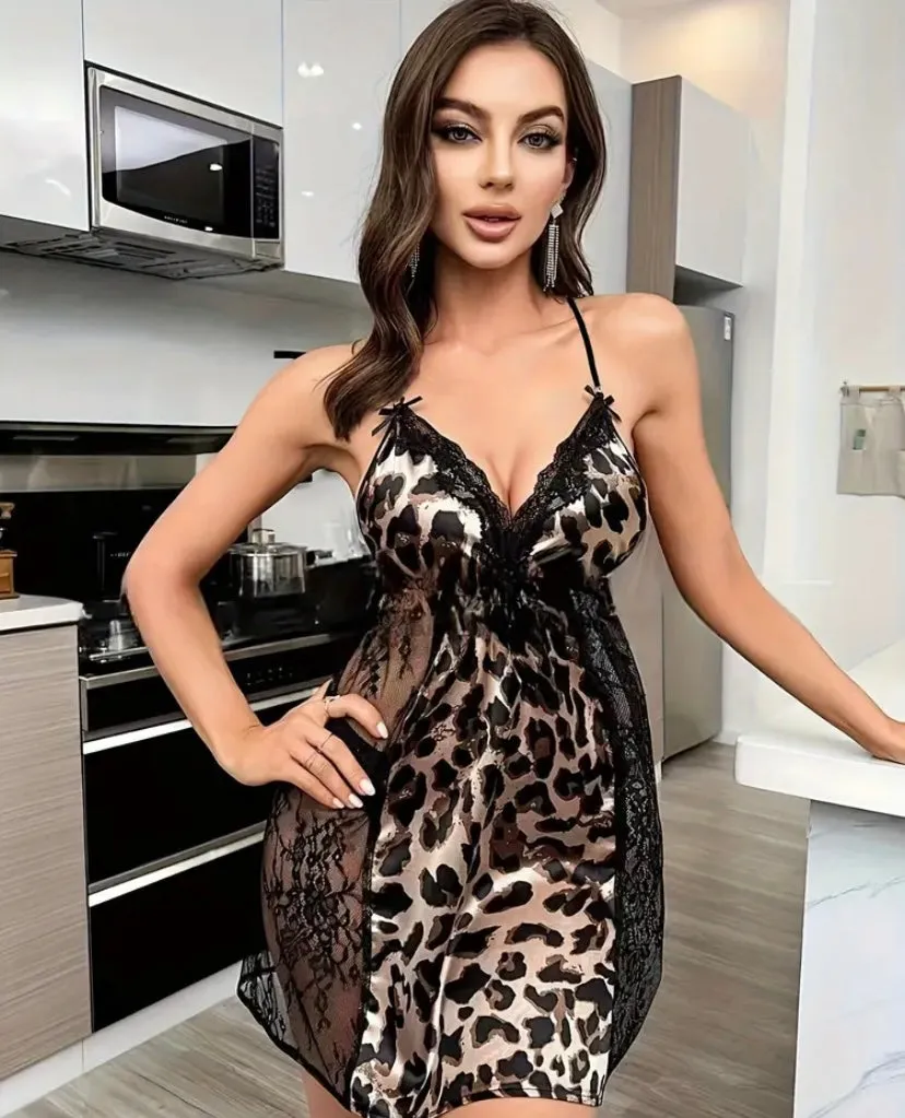 Sexy Leopard Print Lace Slip Nightdress