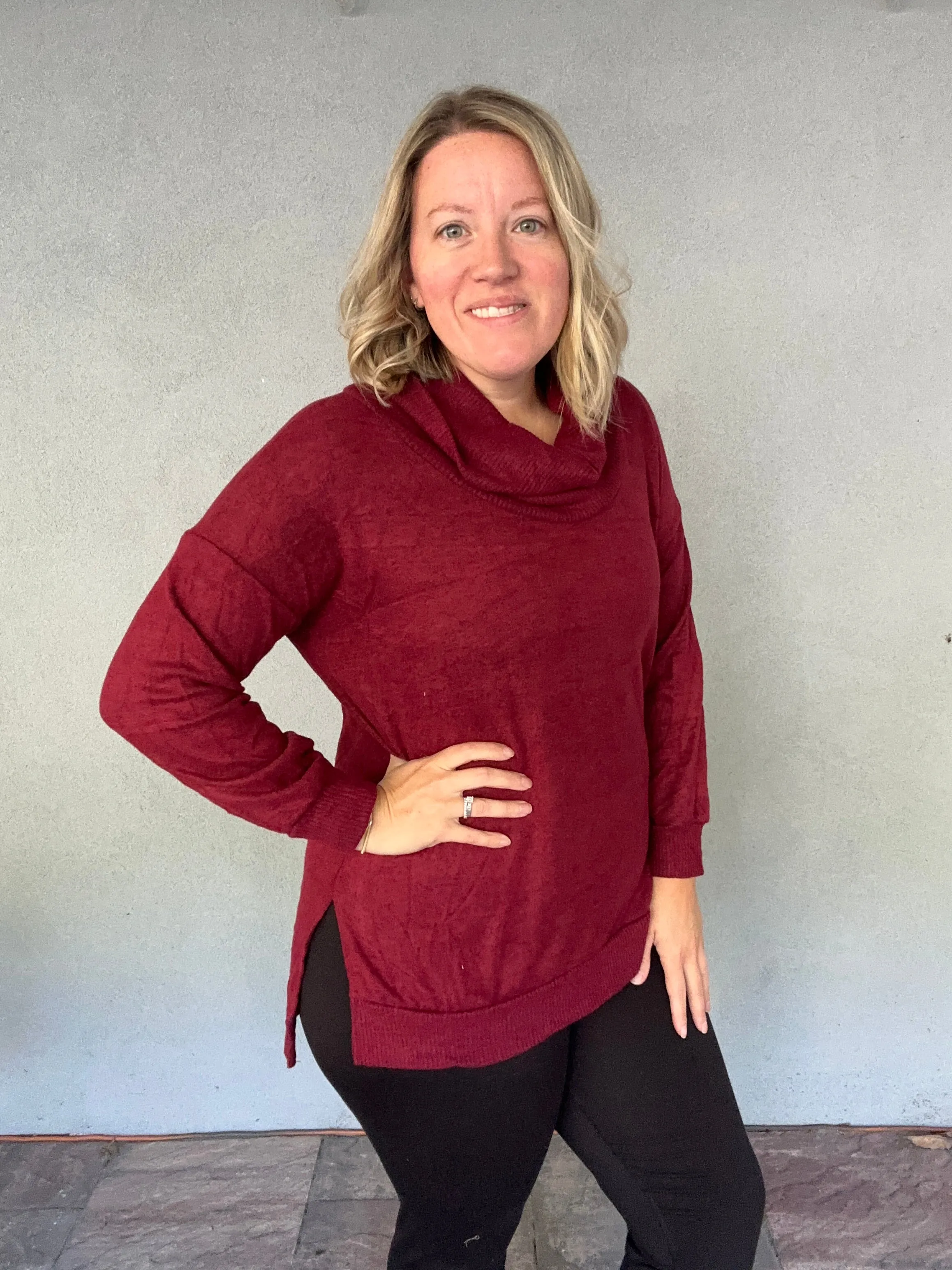 Soft & Cozy Hacci Cowl Neck Pullover - WINE