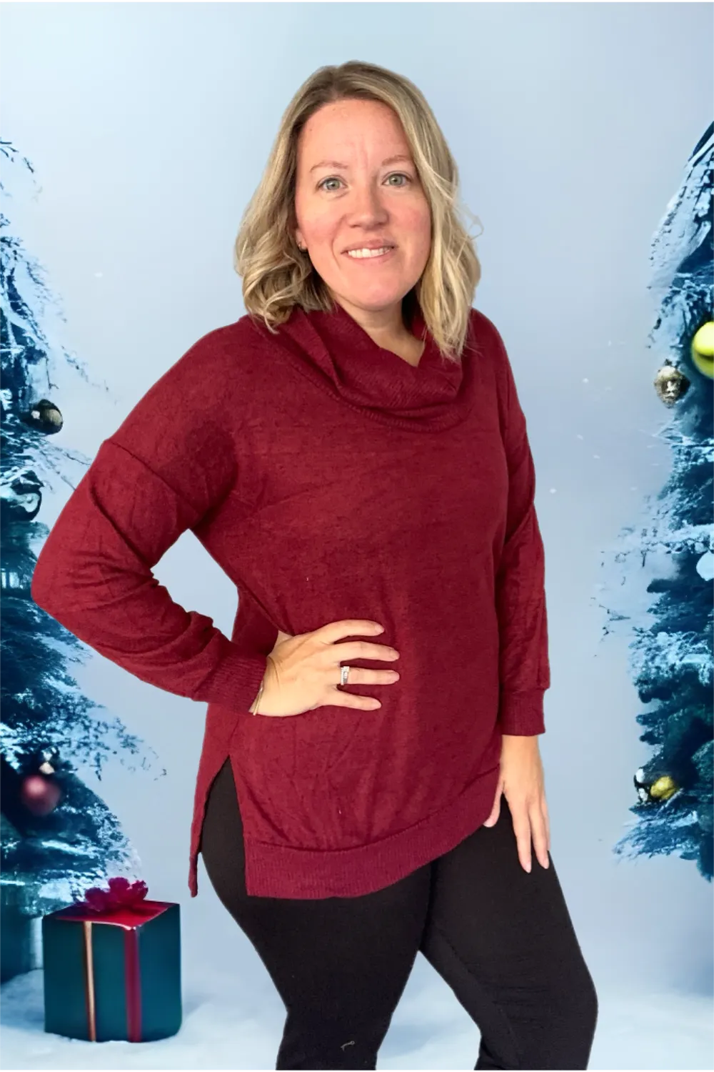 Soft & Cozy Hacci Cowl Neck Pullover - WINE