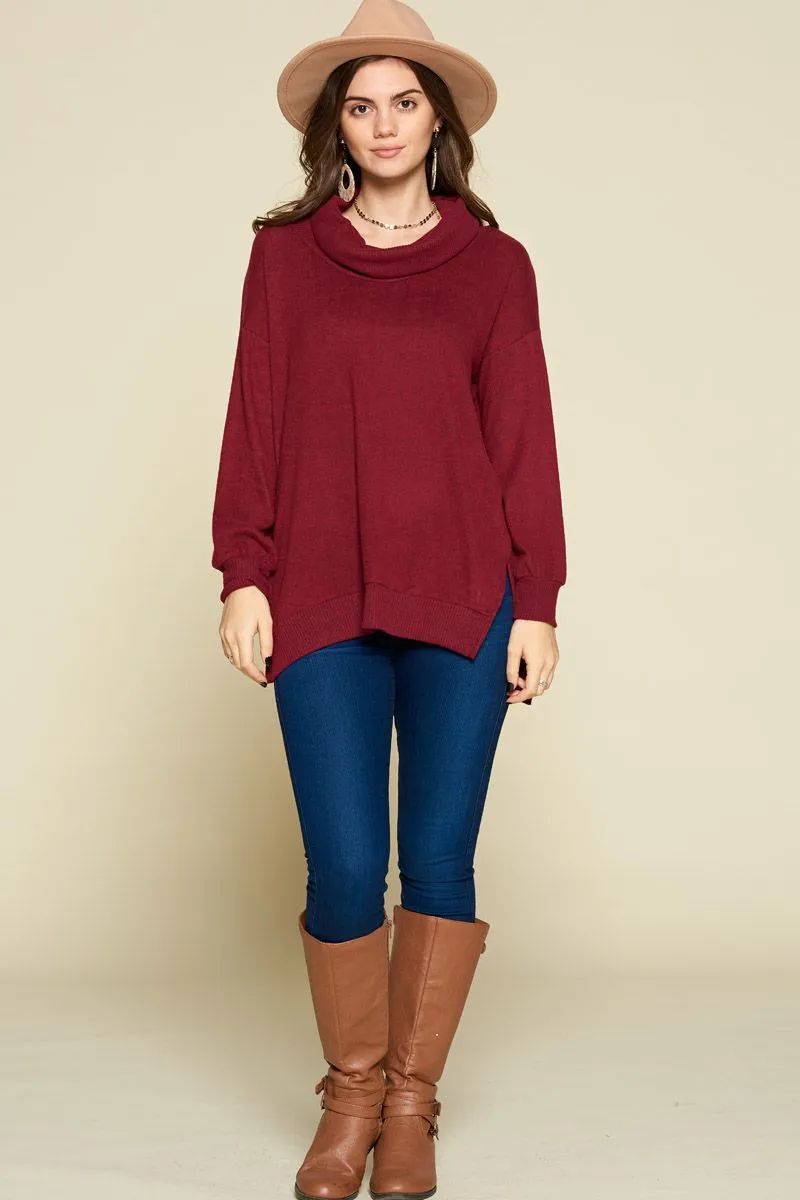 Soft & Cozy Hacci Cowl Neck Pullover - WINE