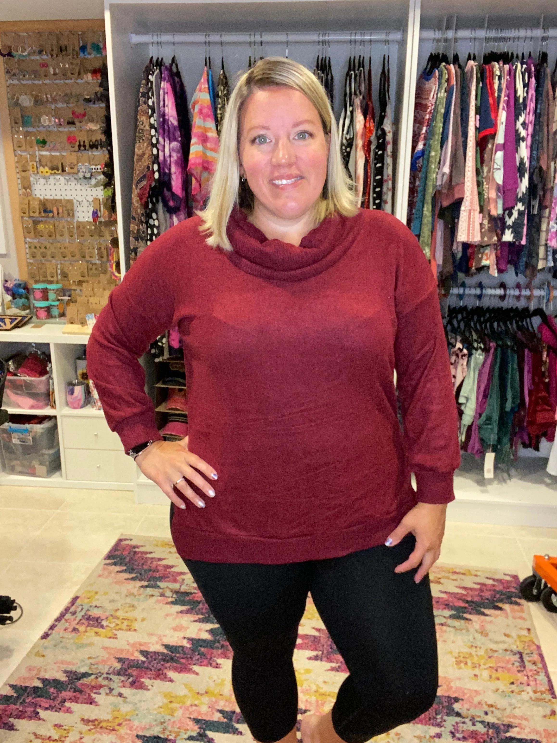 Soft & Cozy Hacci Cowl Neck Pullover - WINE