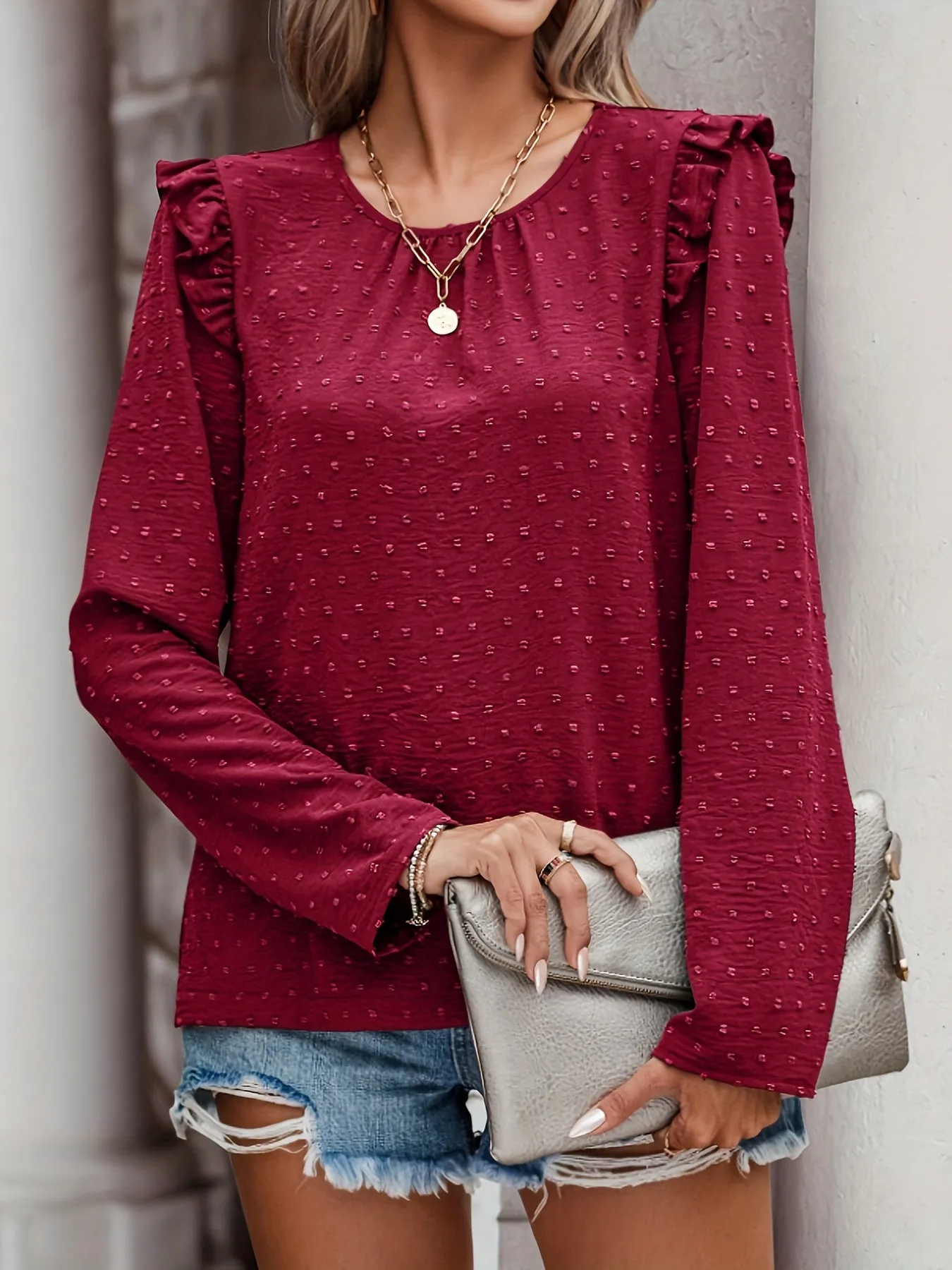 Swiss Dot Button Blouse Casual Spring  Fall Fashion for Women