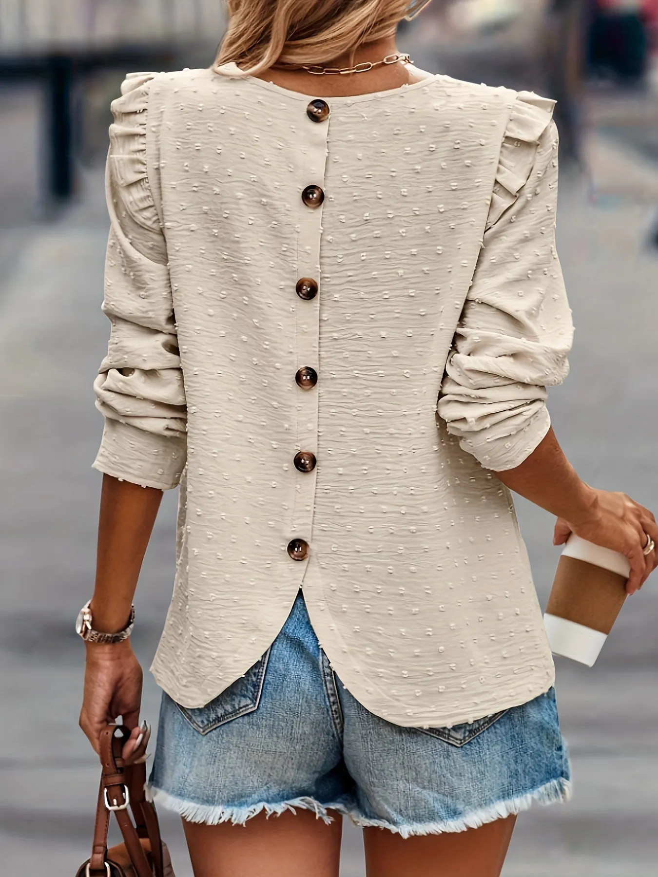 Swiss Dot Button Blouse Casual Spring  Fall Fashion for Women