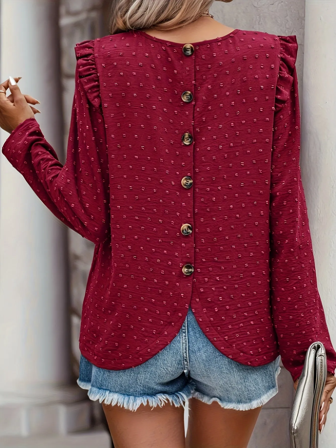 Swiss Dot Button Blouse Casual Spring  Fall Fashion for Women