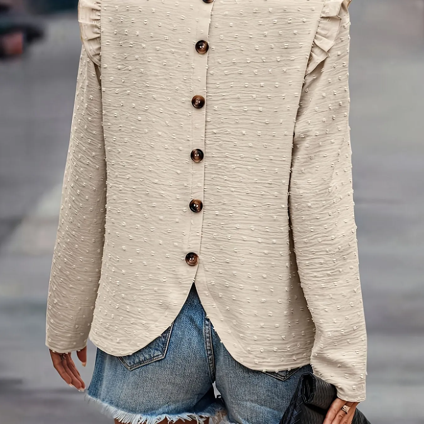 Swiss Dot Button Blouse Casual Spring  Fall Fashion for Women