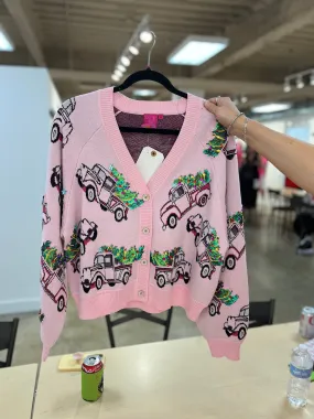 Trucks With Christmas Trees Cardigan - Light Pink [Queen of Sparkles]