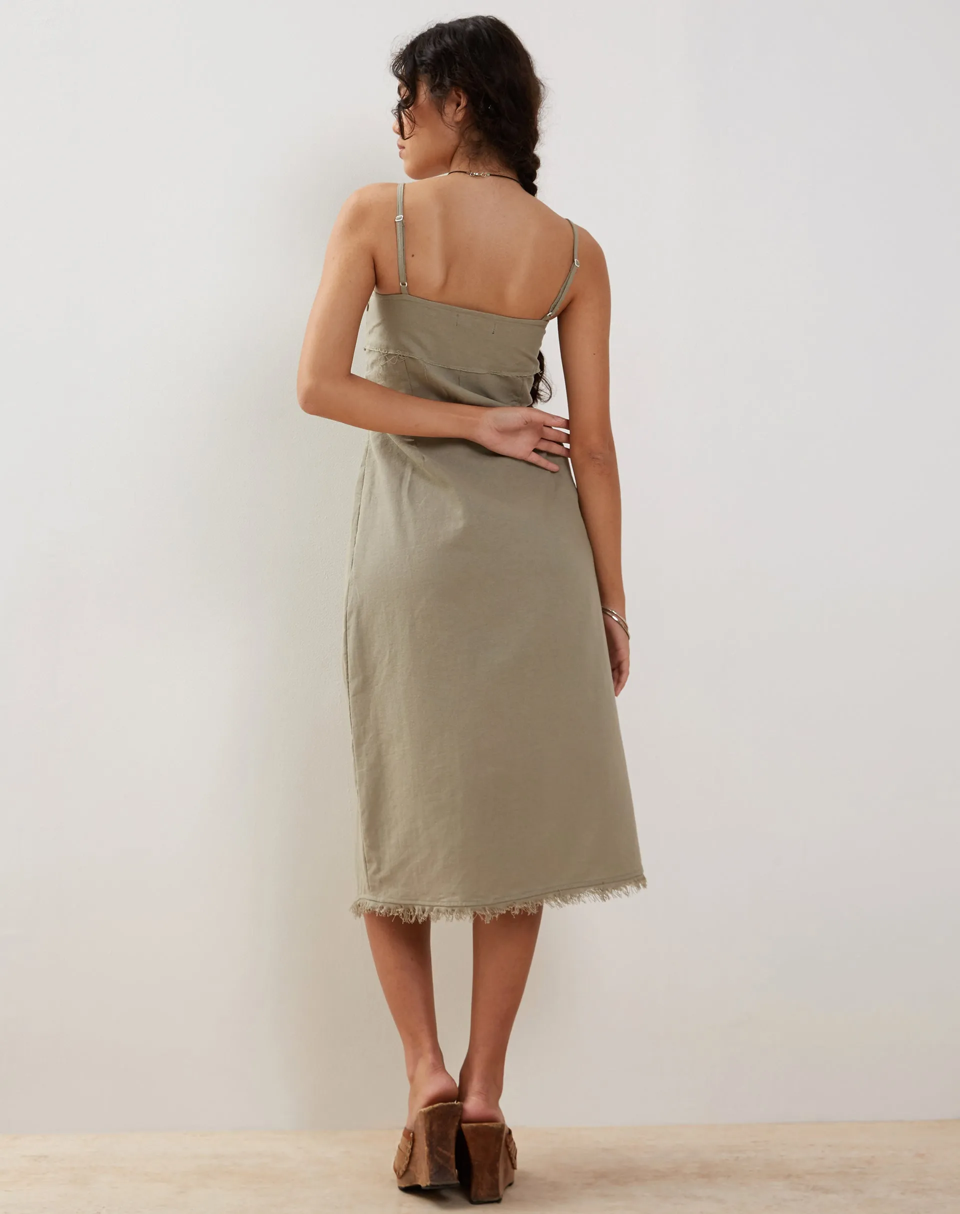 Una Distressed Hem Midi Slip Dress in Slate Green Linen