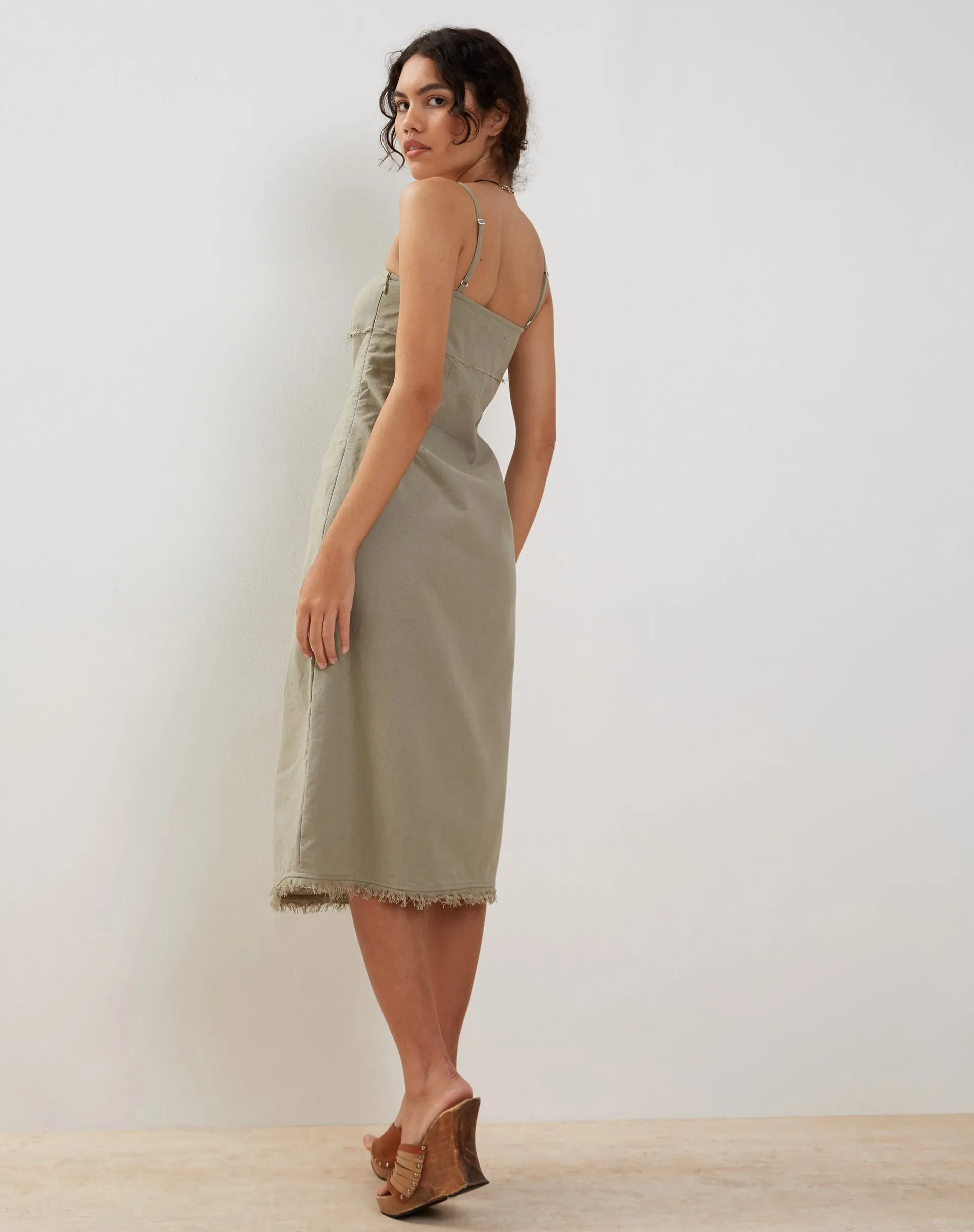 Una Distressed Hem Midi Slip Dress in Slate Green Linen