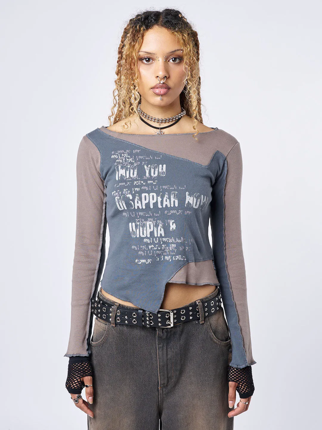 Utopia Brown Grey Graphic Asymmetrical Top