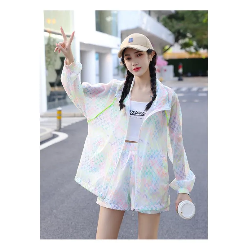 UV-Protective Elastic Waist Loose Fit Cropped Two-Piece Set Raincoat Hooded Jacket Set