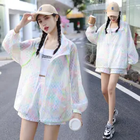 UV-Protective Elastic Waist Loose Fit Cropped Two-Piece Set Raincoat Hooded Jacket Set