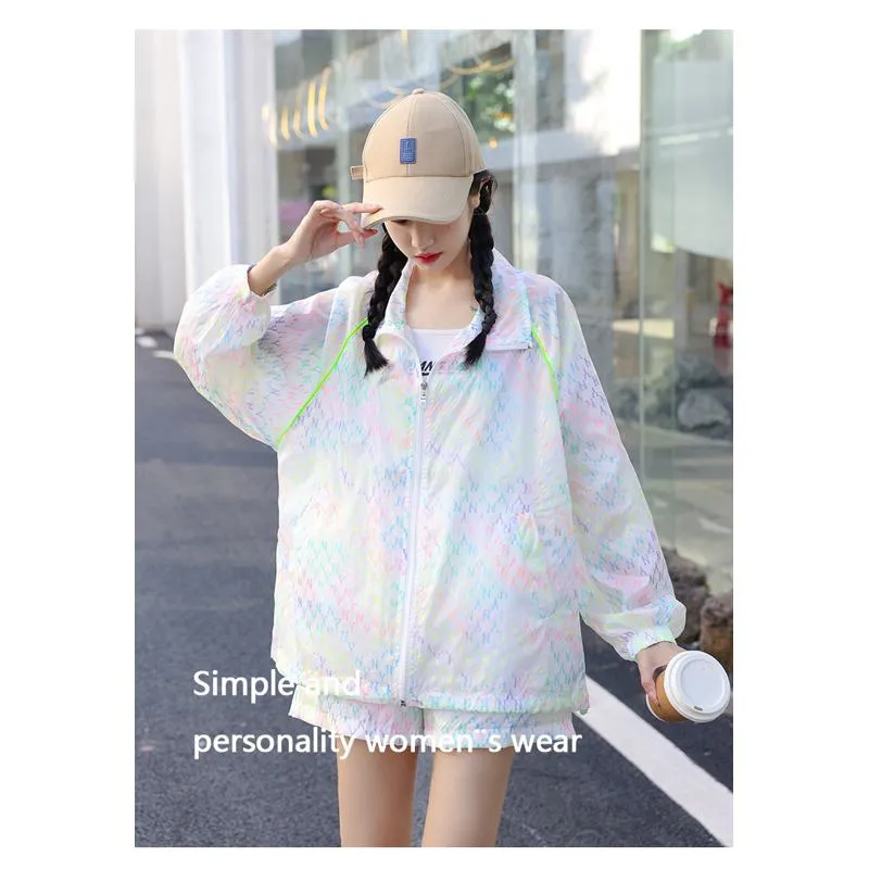 UV-Protective Elastic Waist Loose Fit Cropped Two-Piece Set Raincoat Hooded Jacket Set