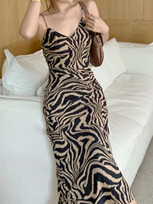 V Neck Animal Stripe Slip Maxi Dress