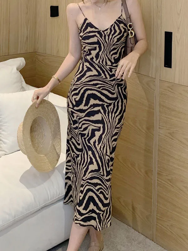 V Neck Animal Stripe Slip Maxi Dress