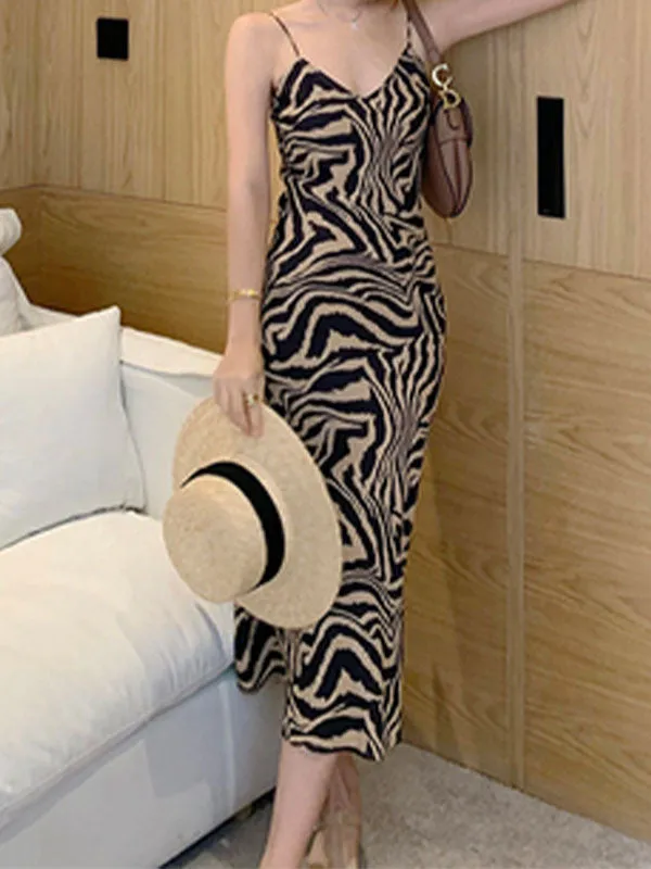 V Neck Animal Stripe Slip Maxi Dress