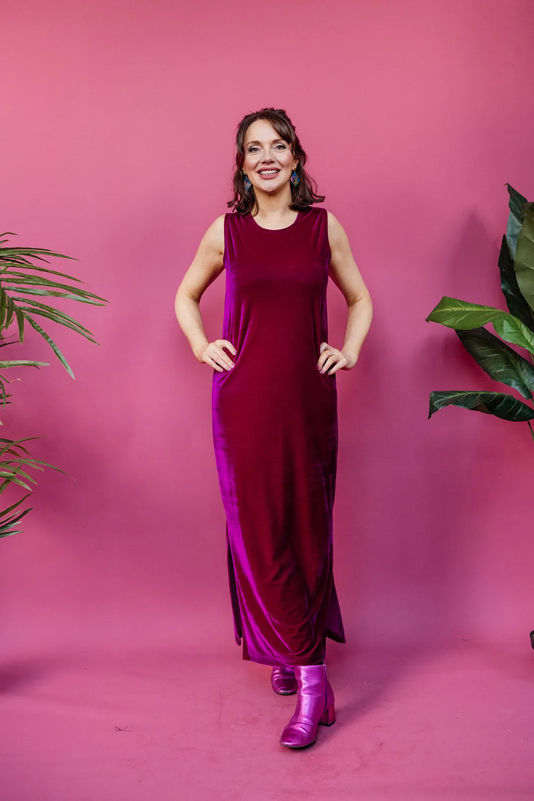 Velvet Maxi Dress in Cerise