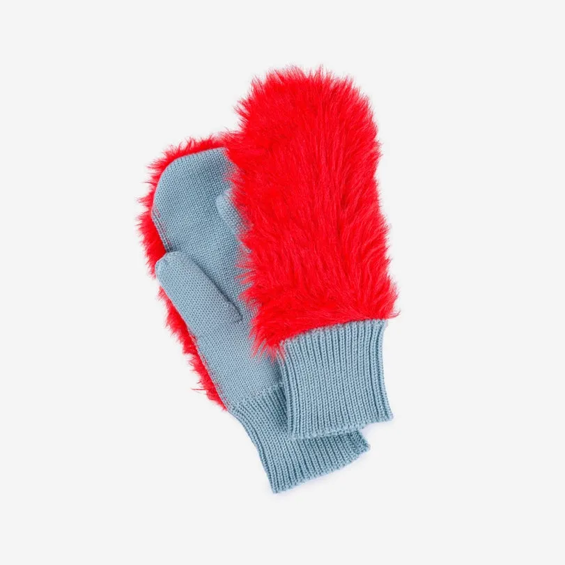 Verloop: Faux Fur Knit Mittens - Poppy/Stone Blue