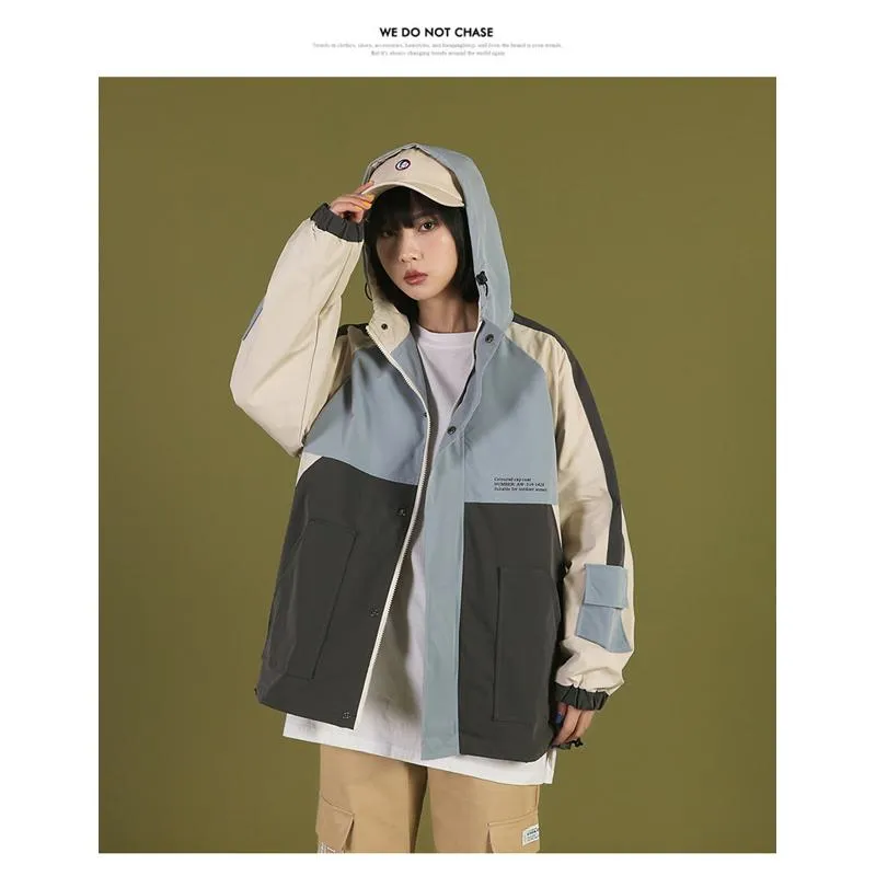 Versatile Casual Color Blocking Loose Fit Raincoat Hooded Jacket