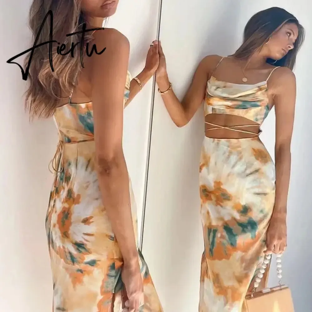 Waist Cut Out Criss Cross Sexy Summer Tie-dyed Midi Dress Ladies Elegant Beach Boho Slip Long Dress Sleeveless Sundress