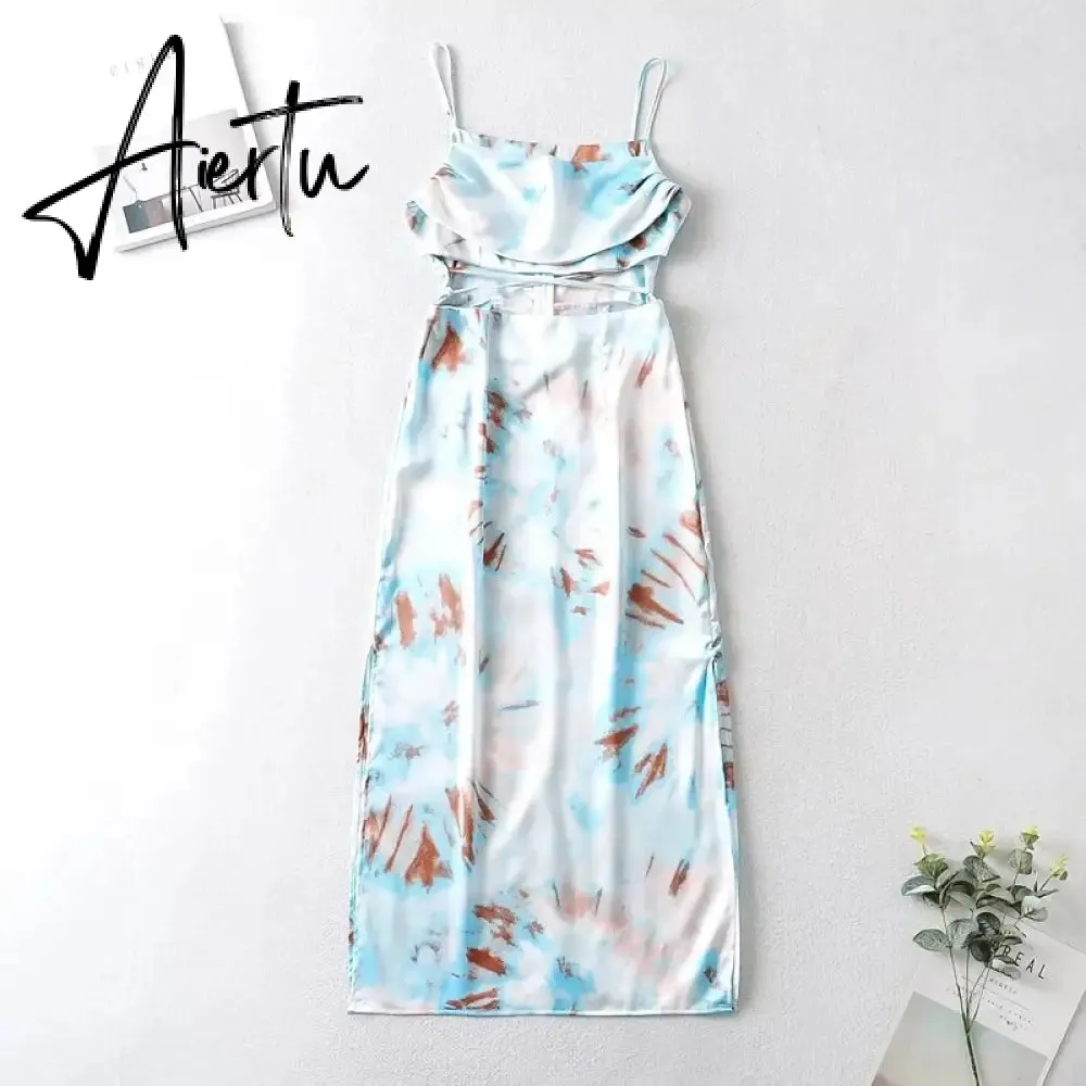 Waist Cut Out Criss Cross Sexy Summer Tie-dyed Midi Dress Ladies Elegant Beach Boho Slip Long Dress Sleeveless Sundress