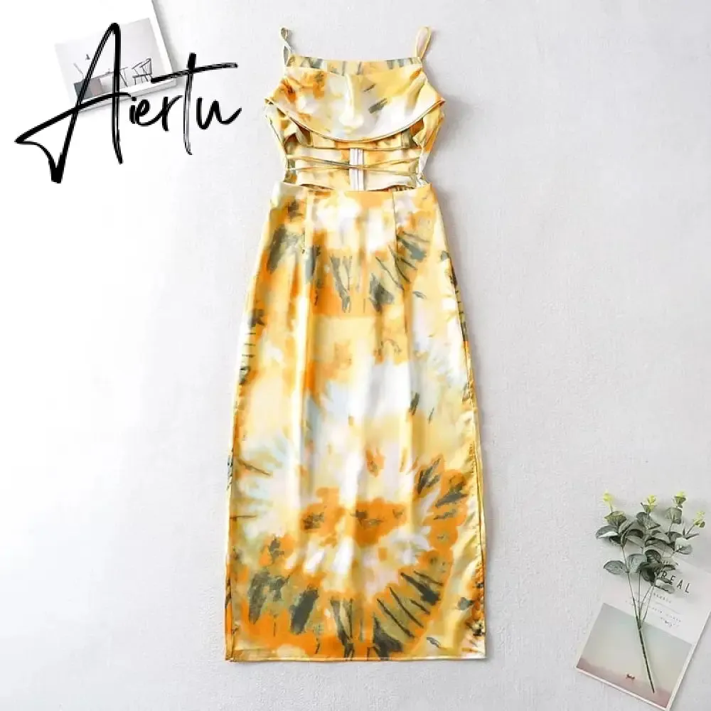 Waist Cut Out Criss Cross Sexy Summer Tie-dyed Midi Dress Ladies Elegant Beach Boho Slip Long Dress Sleeveless Sundress