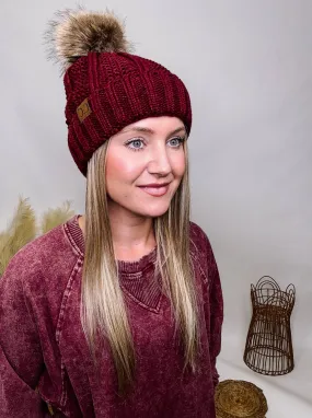 Wine Fuzzy Lined Knit C.C Beanie With Faux Fur Pom