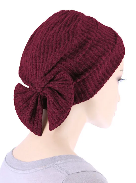 Winter Cloche Bow Hat Burgundy Ribbed