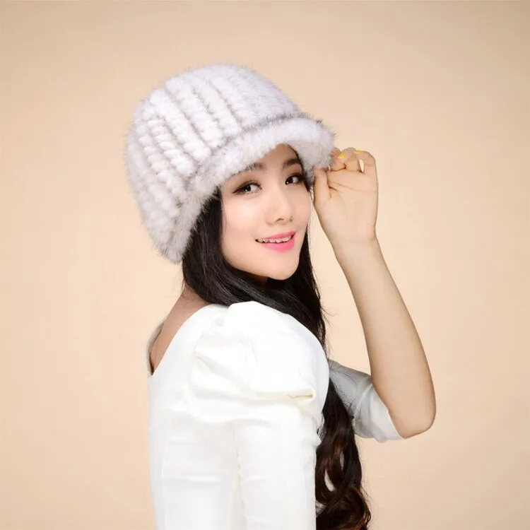 Women's Hats Winter Knitted Real Mink Fur Hat  Fur Cap Headgear 14616