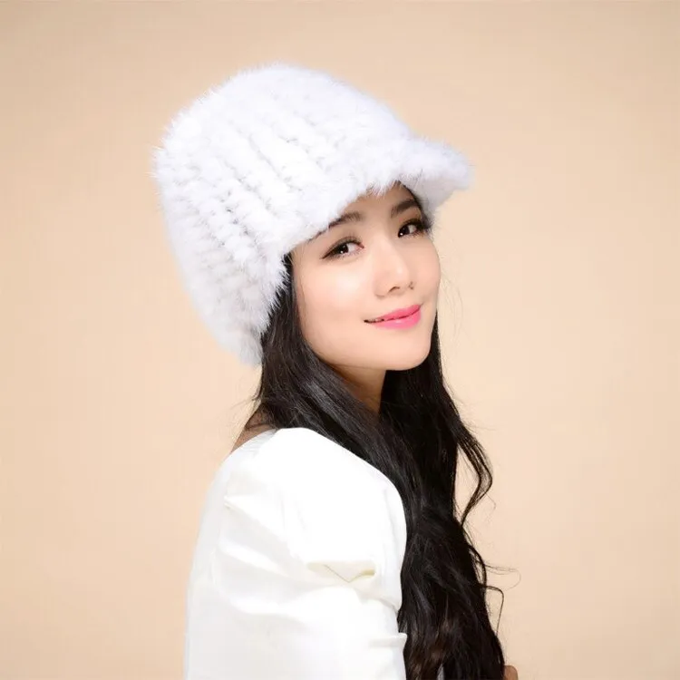 Women's Hats Winter Knitted Real Mink Fur Hat  Fur Cap Headgear 14616