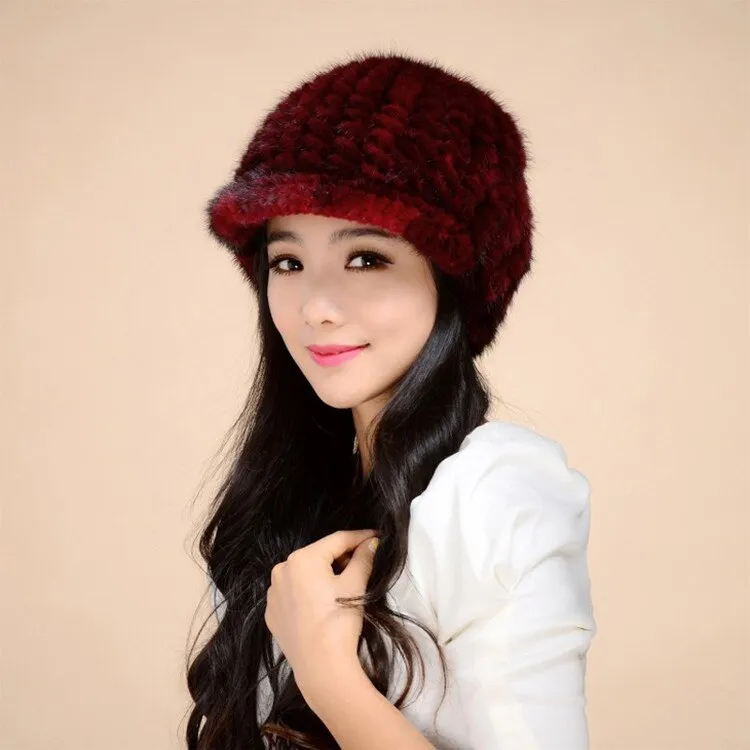 Women's Hats Winter Knitted Real Mink Fur Hat  Fur Cap Headgear 14616