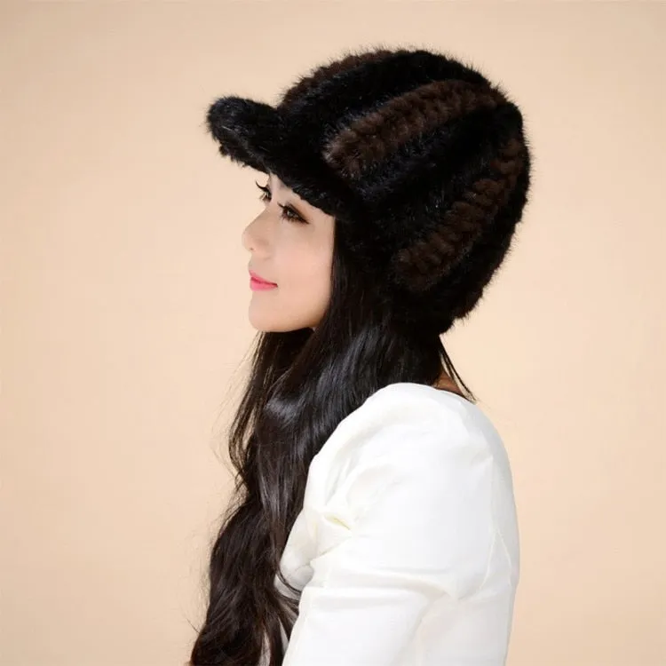 Women's Hats Winter Knitted Real Mink Fur Hat  Fur Cap Headgear 14616