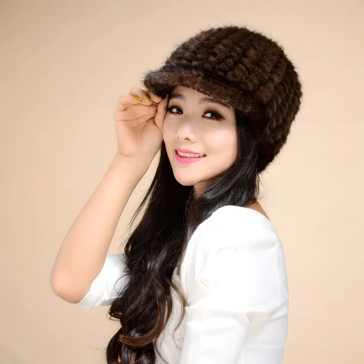 Women's Hats Winter Knitted Real Mink Fur Hat  Fur Cap Headgear 14616