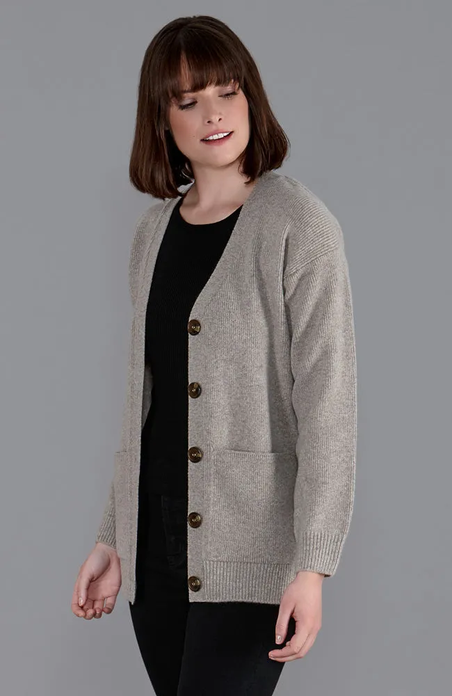 Womens Lambswool V Neck Ribbed Cardigan with Pockets