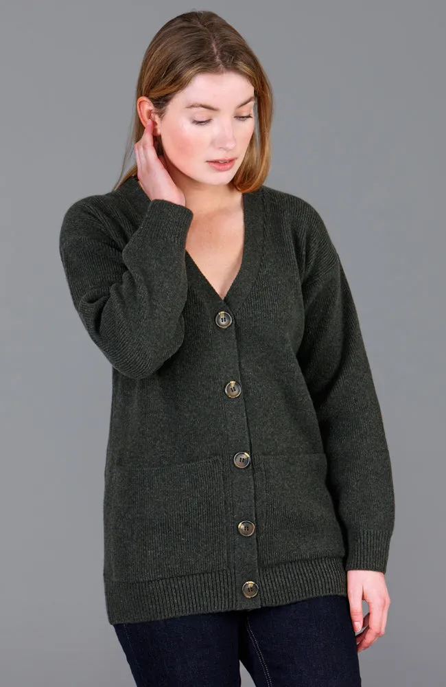 Womens Lambswool V Neck Ribbed Cardigan with Pockets