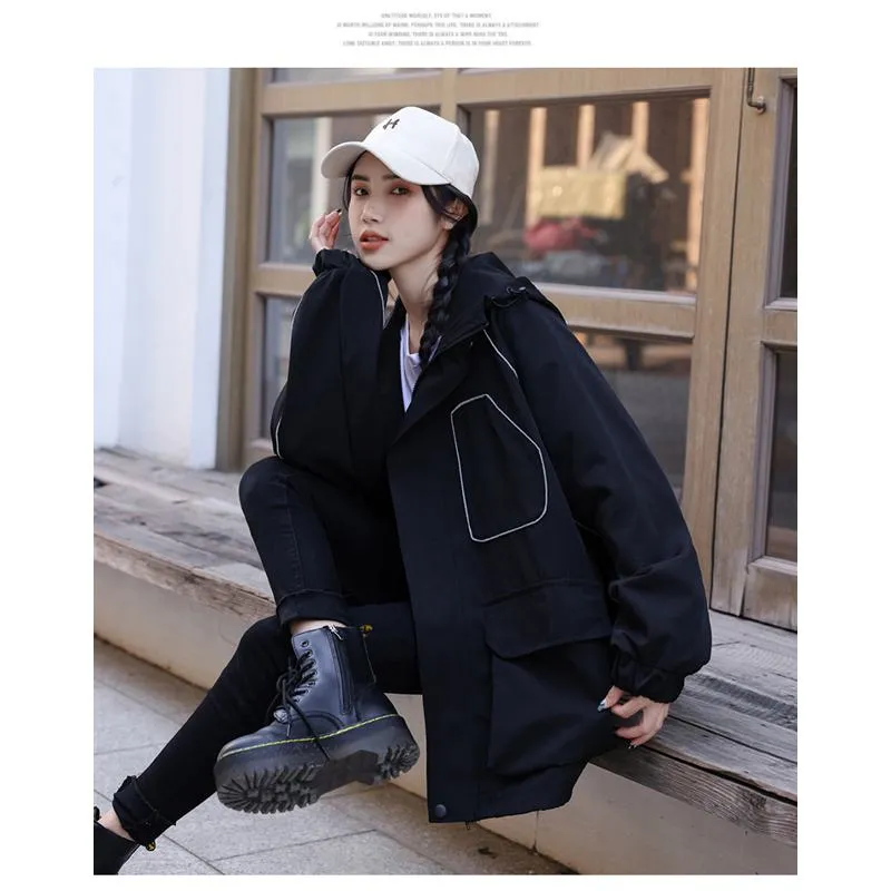 Workwear Style Loose Fit Reflective Casual Raincoat Hooded Jacket