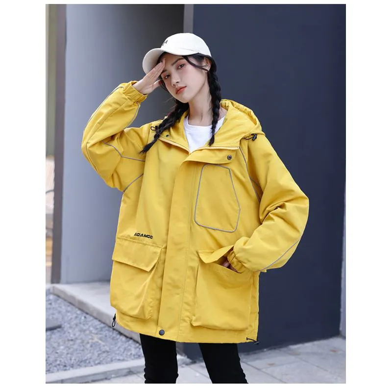 Workwear Style Loose Fit Reflective Casual Raincoat Hooded Jacket