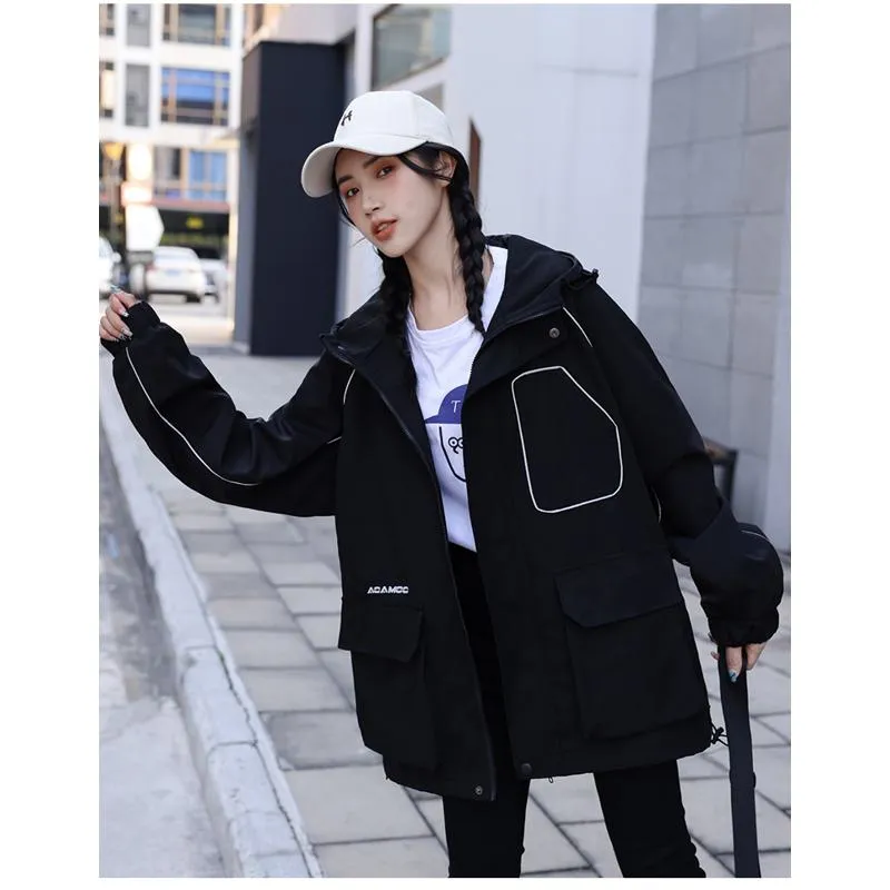 Workwear Style Loose Fit Reflective Casual Raincoat Hooded Jacket