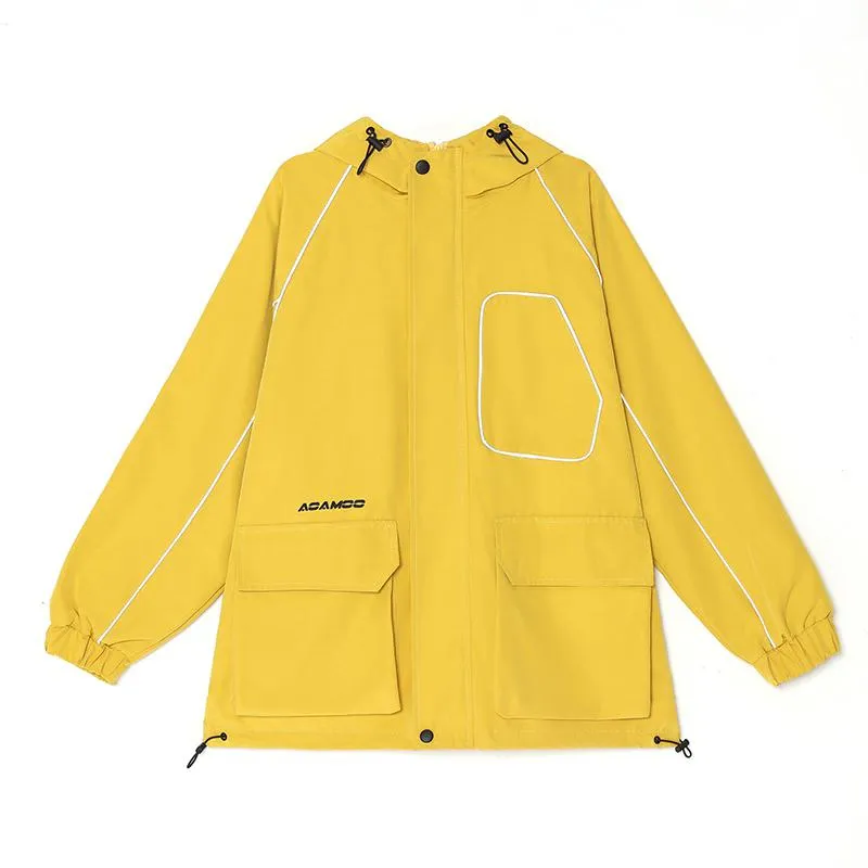 Workwear Style Loose Fit Reflective Casual Raincoat Hooded Jacket