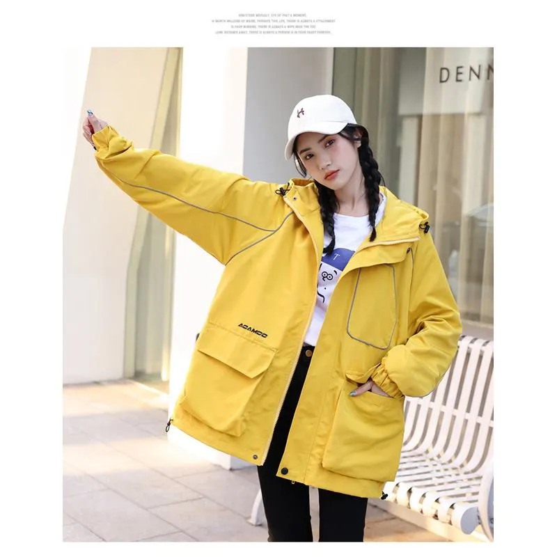 Workwear Style Loose Fit Reflective Casual Raincoat Hooded Jacket