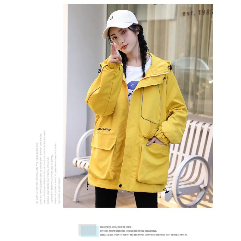 Workwear Style Loose Fit Reflective Casual Raincoat Hooded Jacket