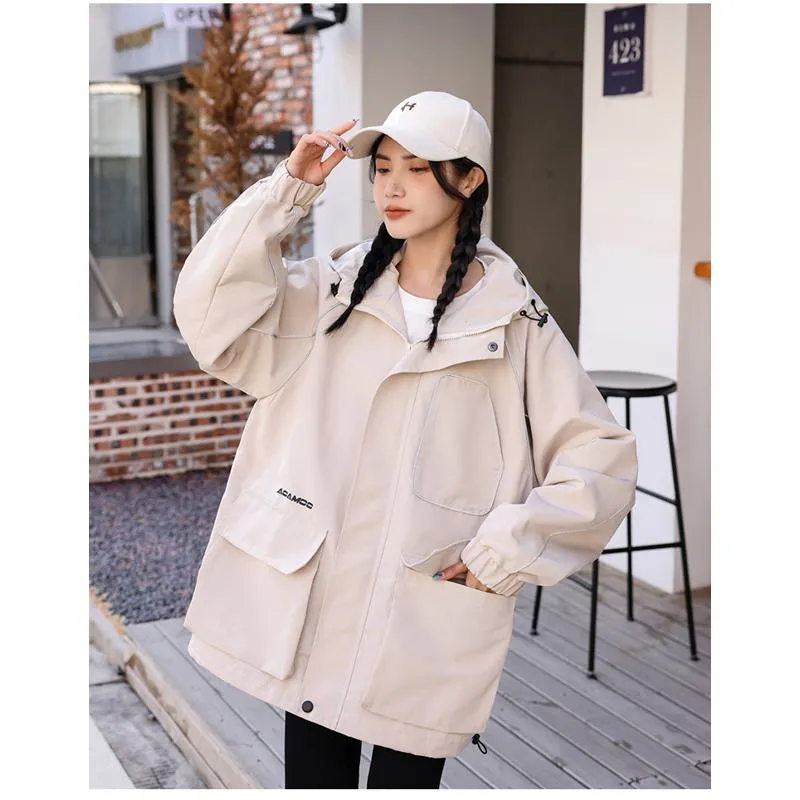 Workwear Style Loose Fit Reflective Casual Raincoat Hooded Jacket