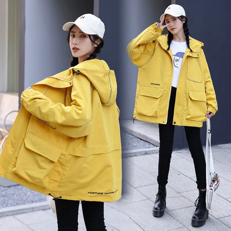 Workwear Style Loose Fit Reflective Casual Raincoat Hooded Jacket