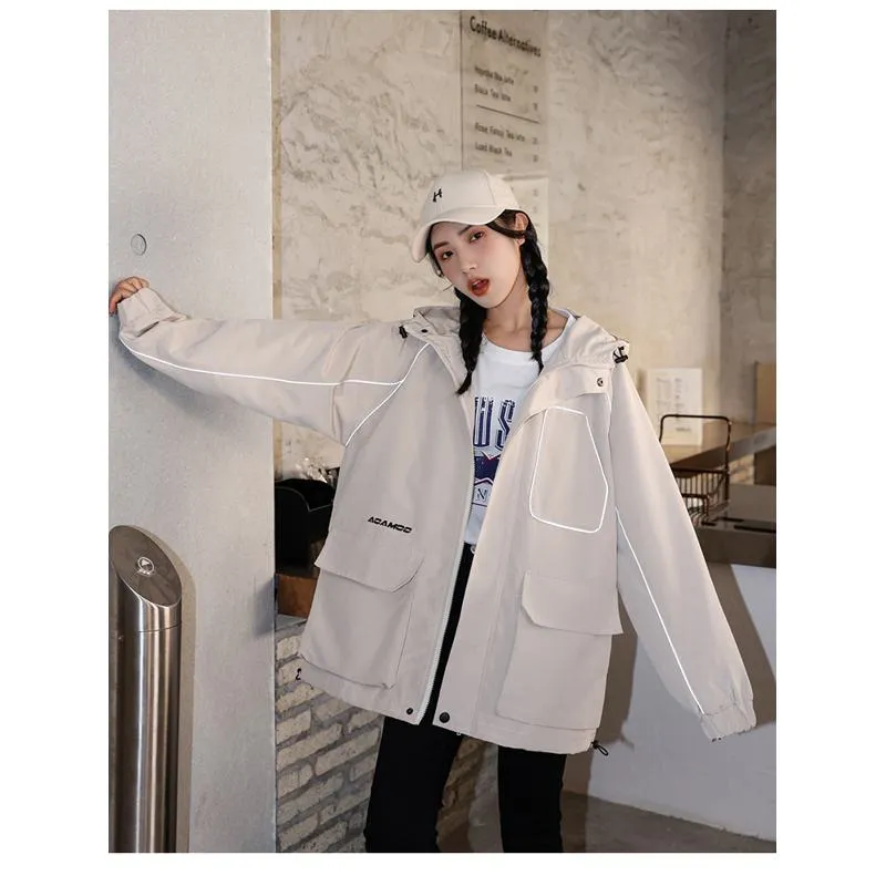 Workwear Style Loose Fit Reflective Casual Raincoat Hooded Jacket