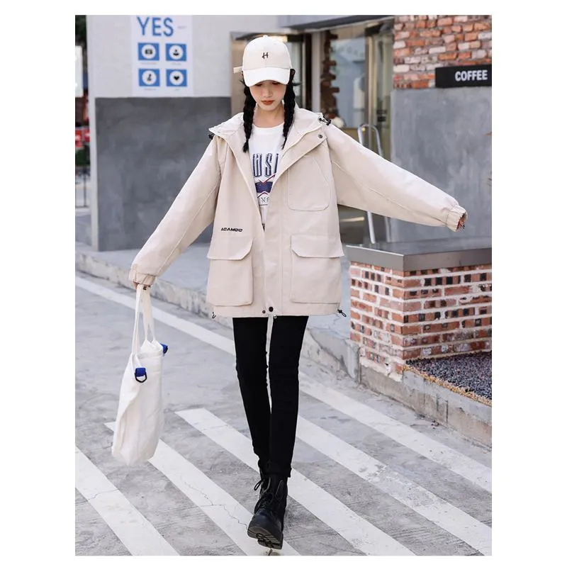 Workwear Style Loose Fit Reflective Casual Raincoat Hooded Jacket