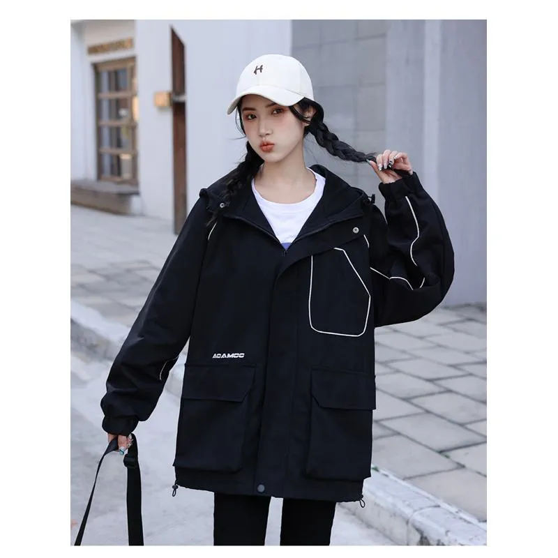 Workwear Style Loose Fit Reflective Casual Raincoat Hooded Jacket