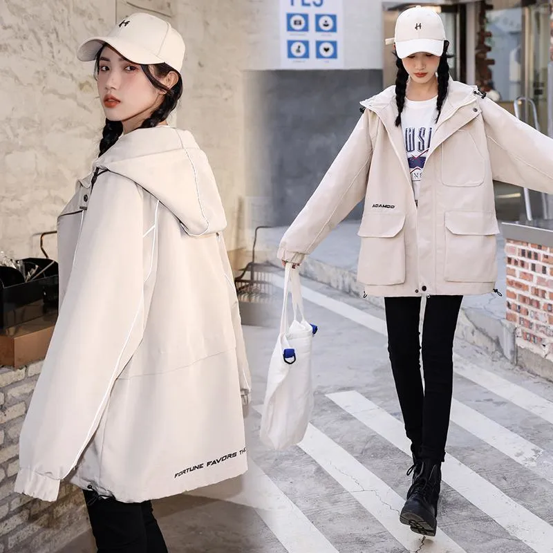 Workwear Style Loose Fit Reflective Casual Raincoat Hooded Jacket