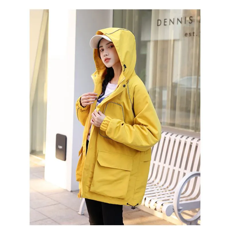 Workwear Style Loose Fit Reflective Casual Raincoat Hooded Jacket